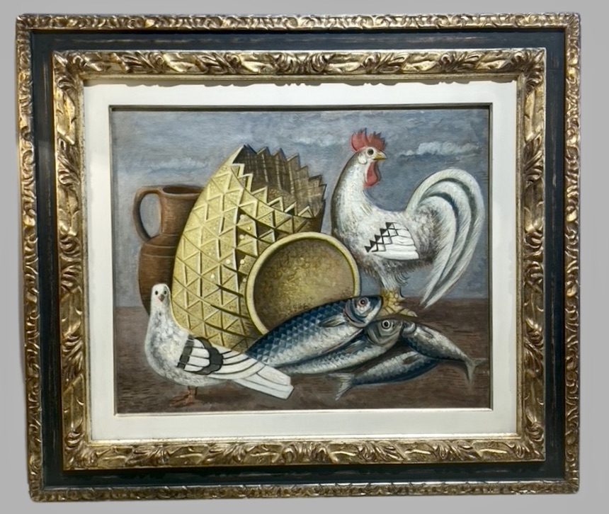 Gino Severini NATURA MORTA CON GALLO, COLOMBA E PESCI