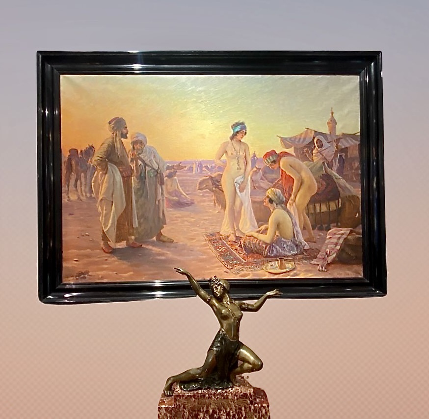 Gemälde Otto Pilny Öl auf Leinwand (1866 - 1936) 160 × 110 cm signiert. Bronze ägyptische Tänzerin signiert A Gori circa 1925