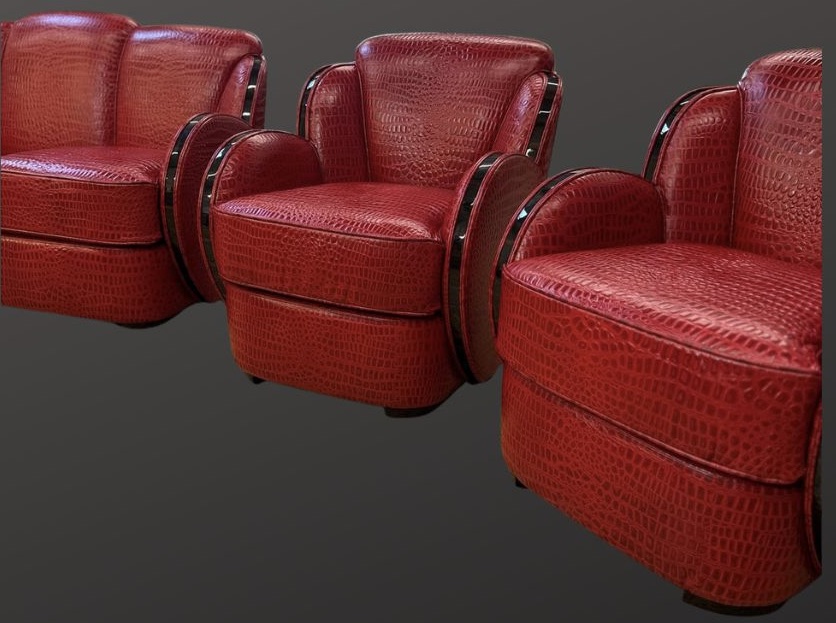 Sitzgruppe London 1830 restauriert mit Kroko Prägeleder und Makassar